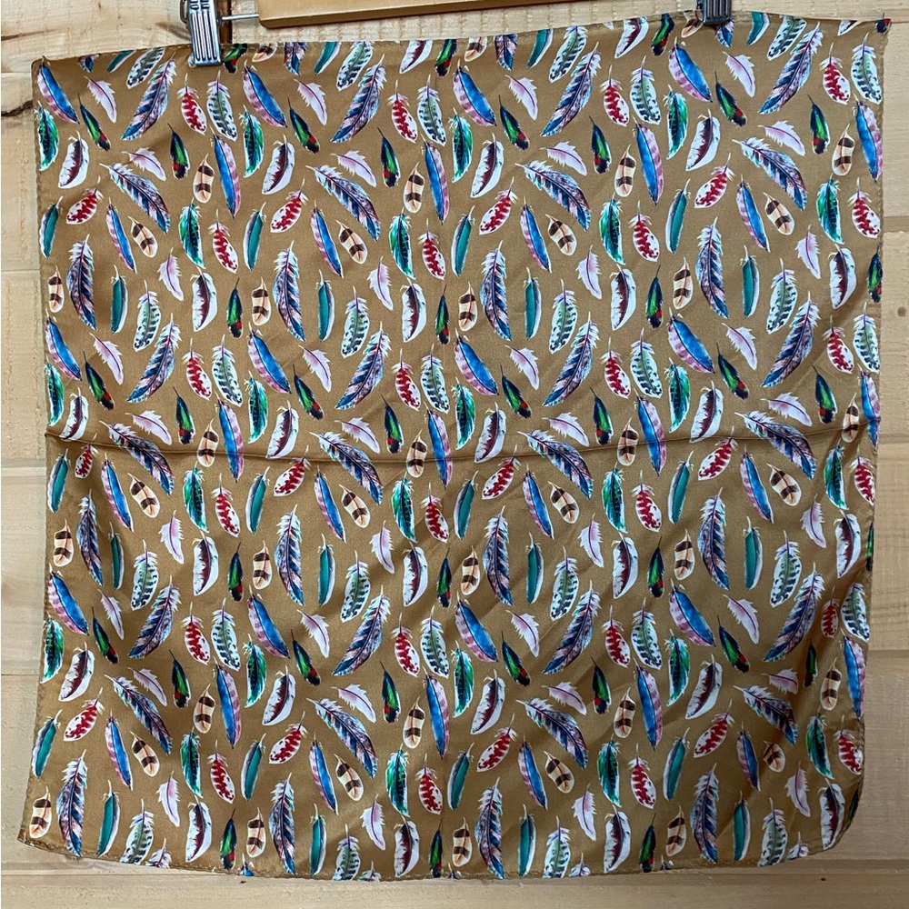 Retro Western Silk Scarf, Gold with Multicolored Feathers